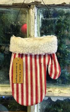 Red Ticking Mitten Ornament 